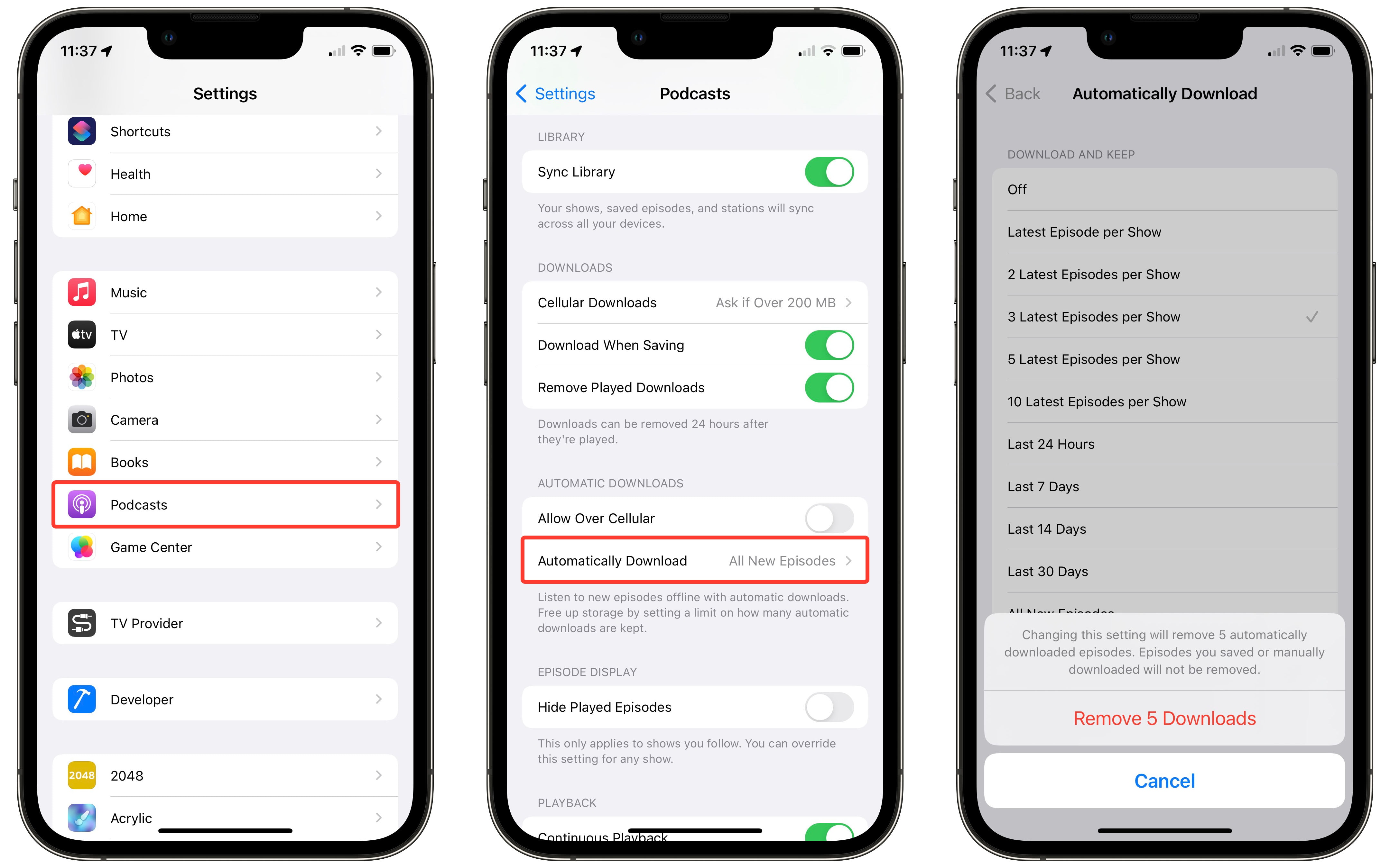 Change settings in Apple's Podcasts app for automatically downloading podcasts in iOS 15.5.