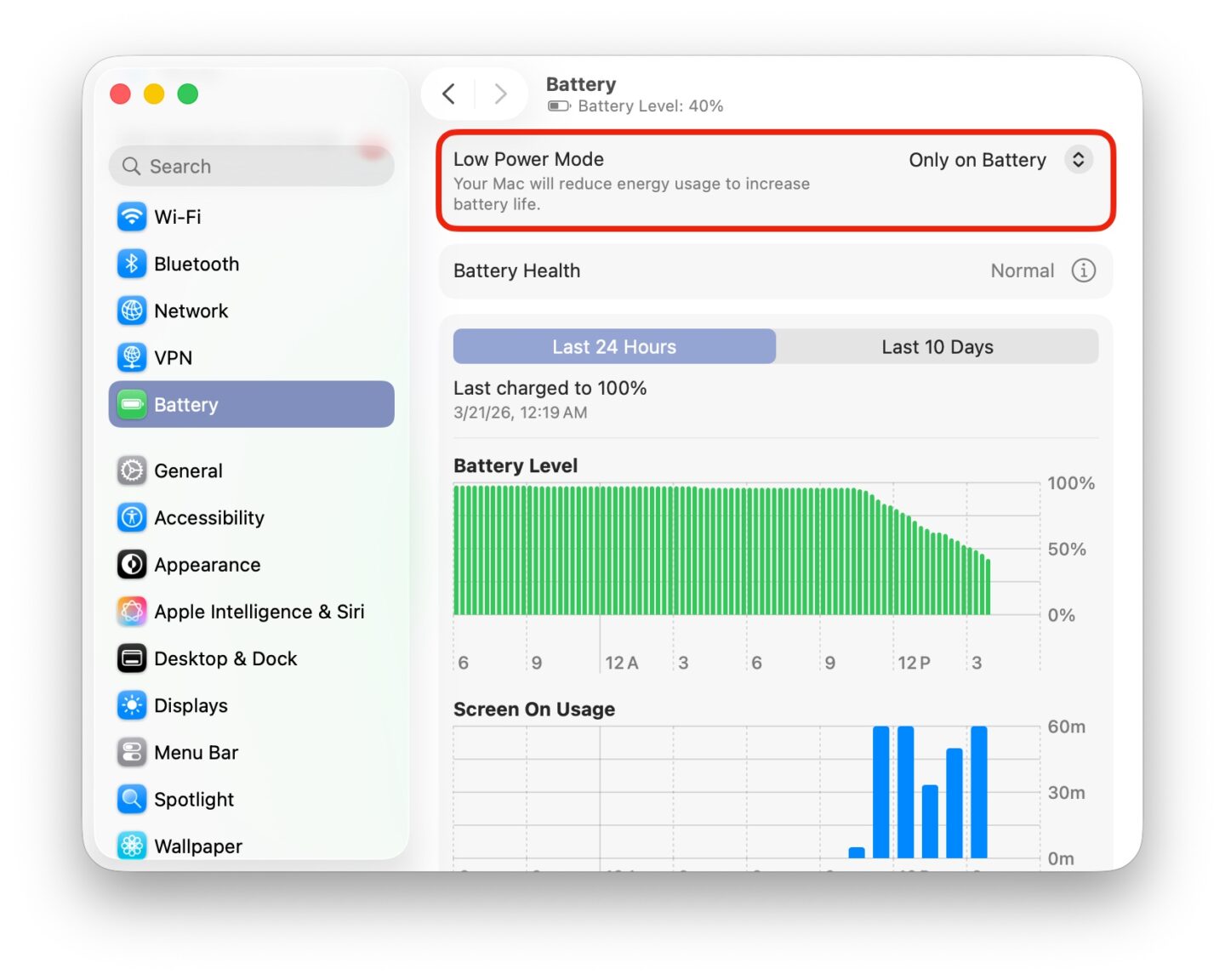 Enable Low Power Mode on Battery in System Settings