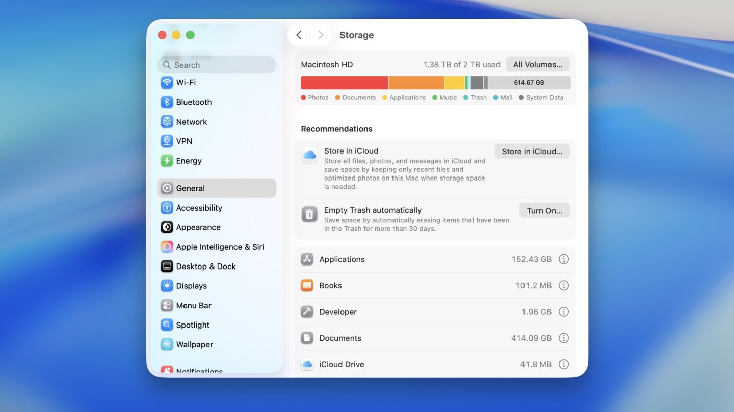 Mac Storage settings, showing a breakdown of storage space by category with some tips