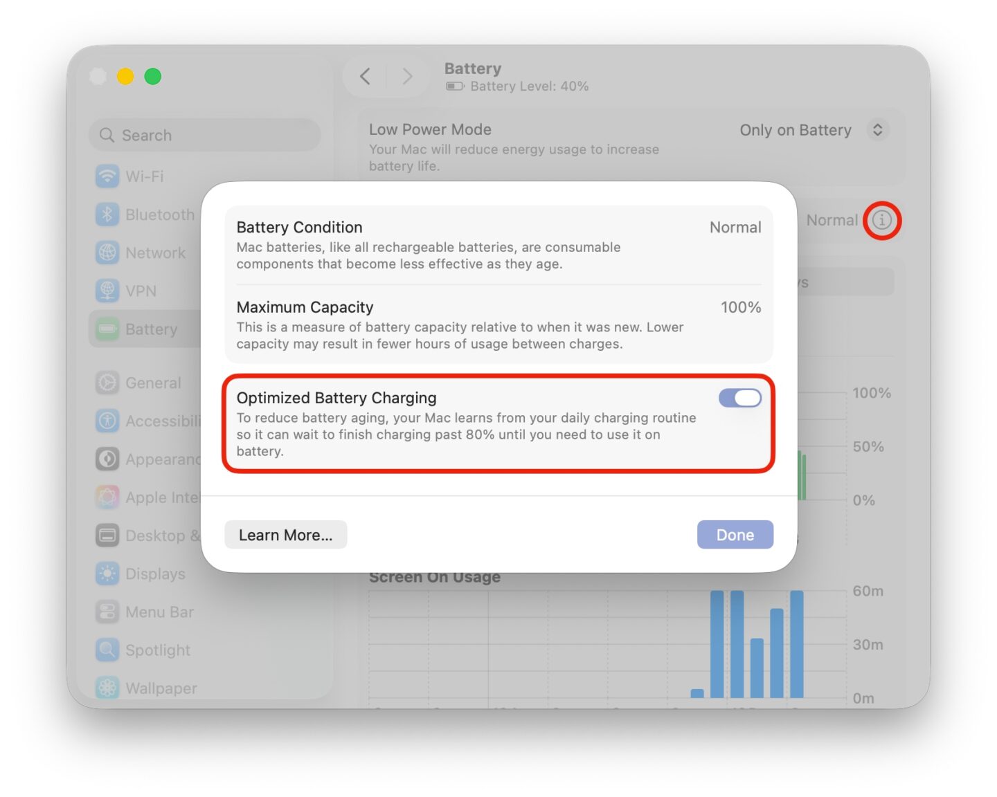 Optimized Battery Charging in System Settings