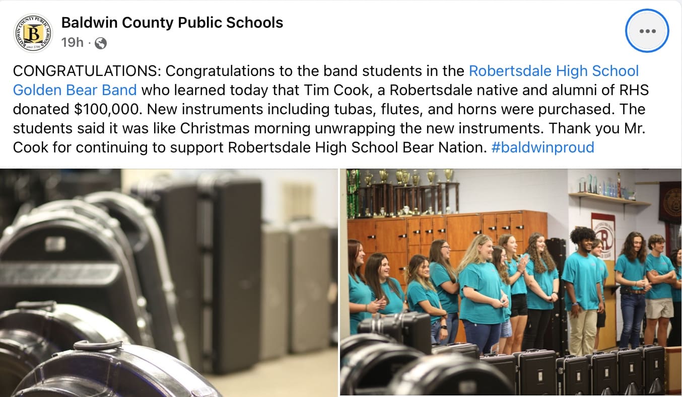 Baldwin County Public Schools thanked Cook on Facebook.