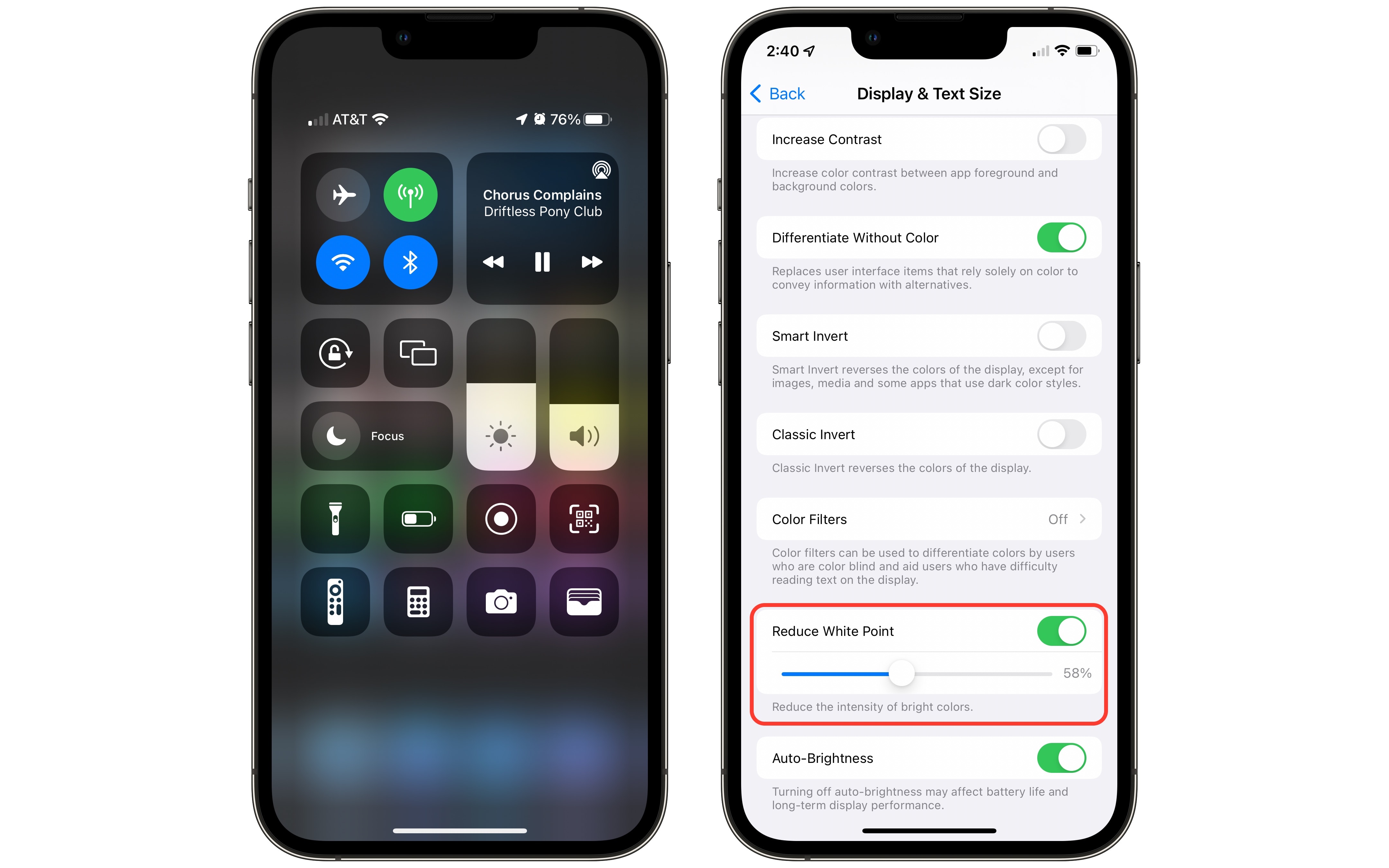 Turn down brightness in Control Center and enable Reduce White Point.