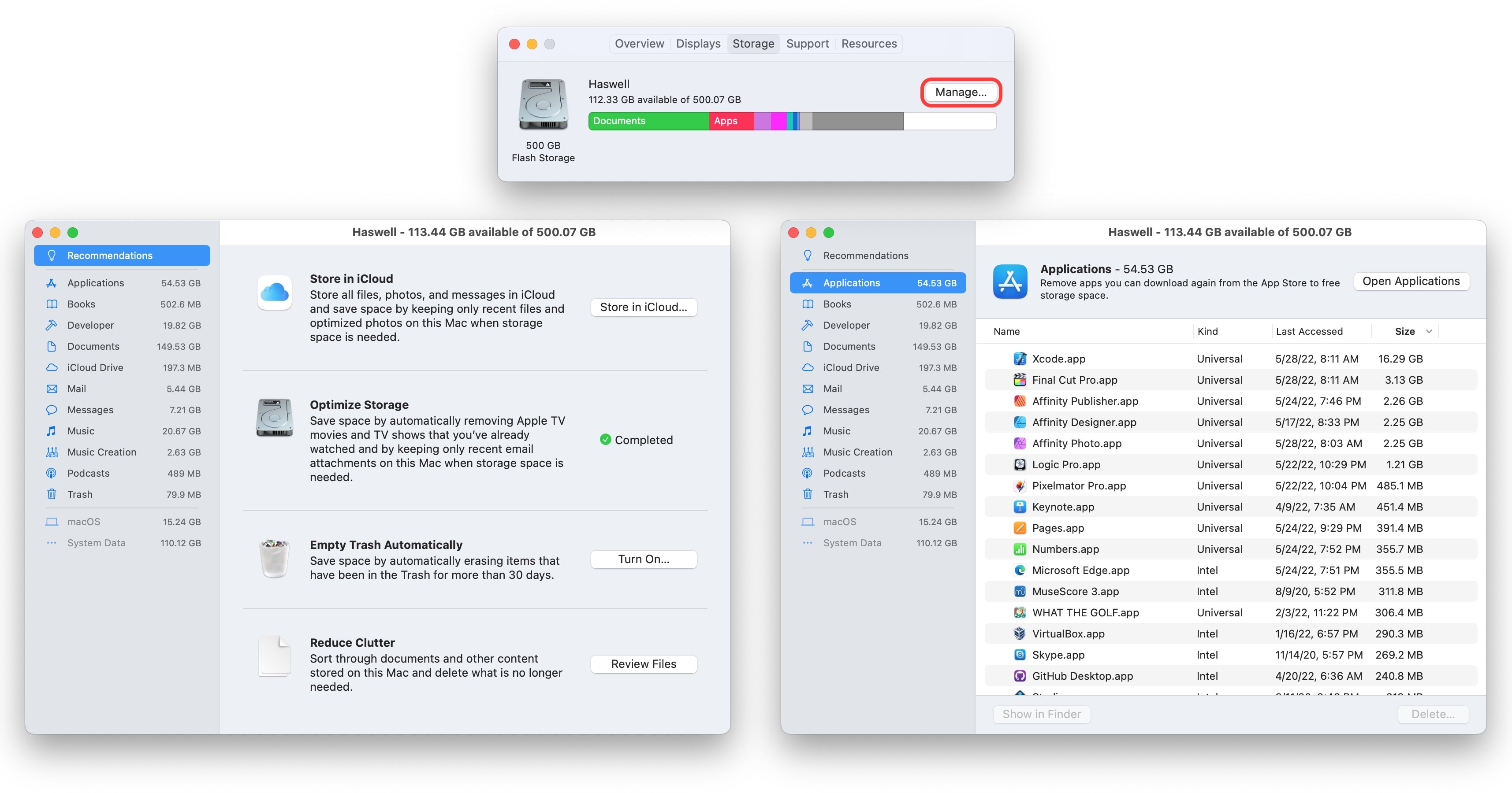 Clear files and space with the macOS storage utility.