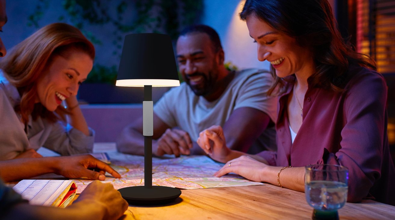 The portable and rechargeable table lamp goes inside or out.