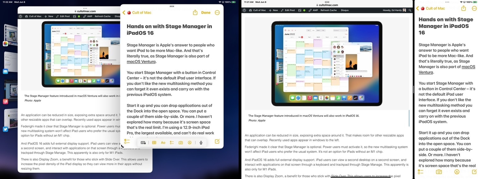iPadOS 16 Stage Manager (left) does the same job as Split View (right).