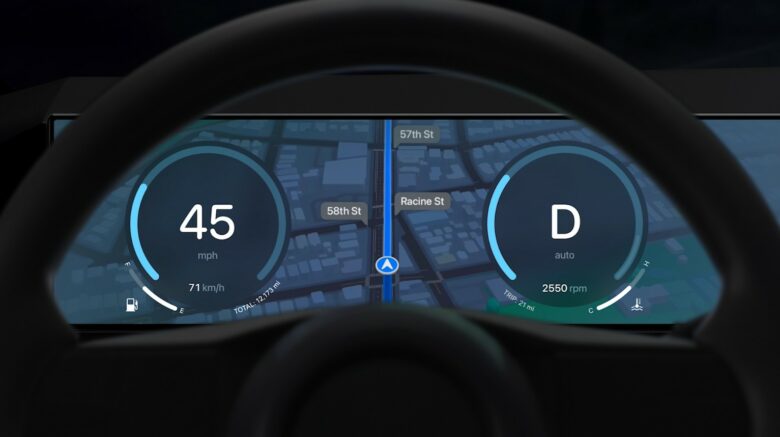 The new CarPlay can be customized to show a traditional, analog instrument cluster with map