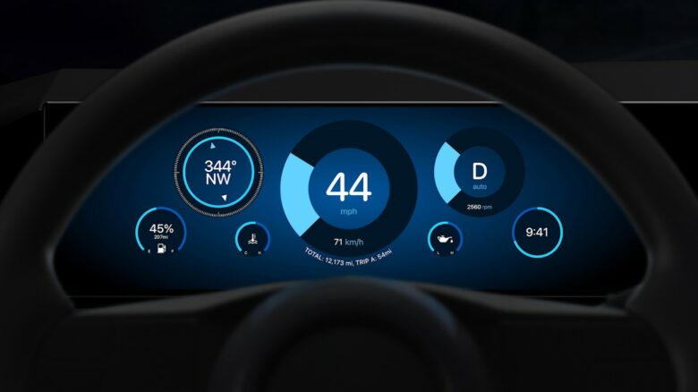 The CarPlay digital instrument cluster in Dark Mode for nighttime driving.