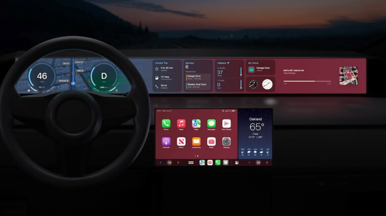 One screengrab from the WWDC22 keynote shows a massive interactive CarPlay dashboard that stretches across to the passenger side, with a separate infotainment screen below.