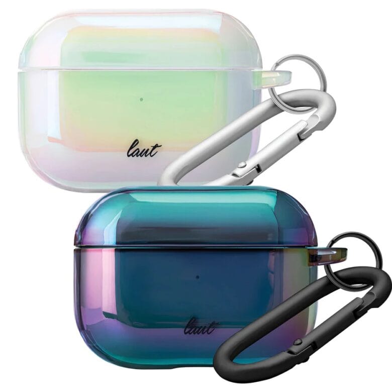The cases' hard plastic materials catch iridescent light.