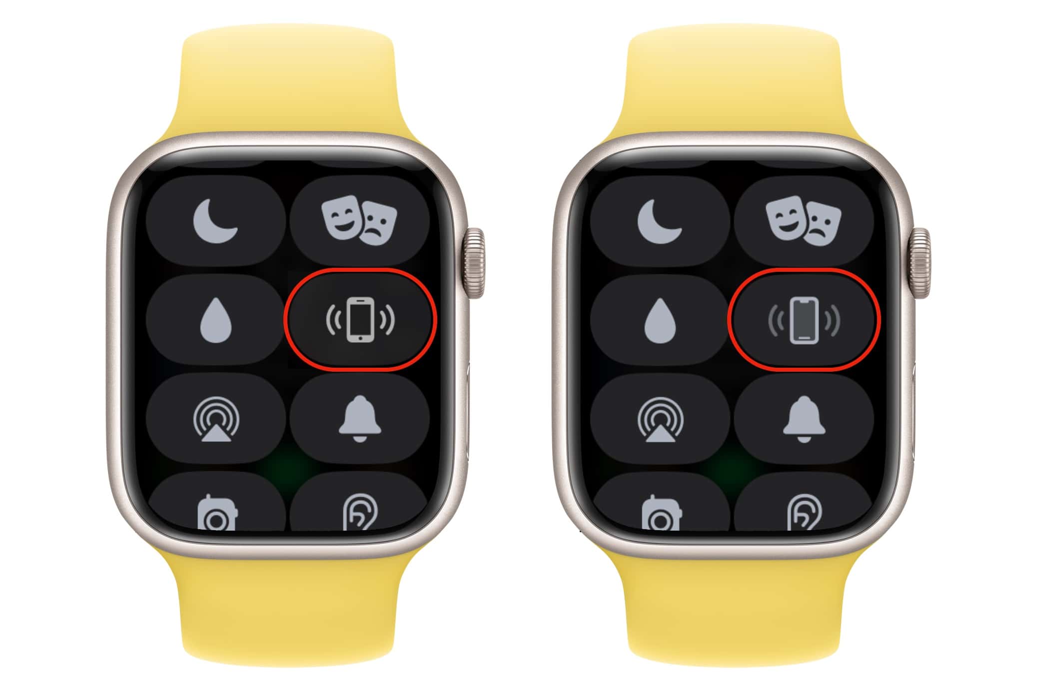 In the Apple Watch's Control Center, the phone symbol will vary depending on whether you have an iPhone with a Home button (left) or a full-screen iPhone (right). Your iPhone will make a pinging noise when you tap the button.