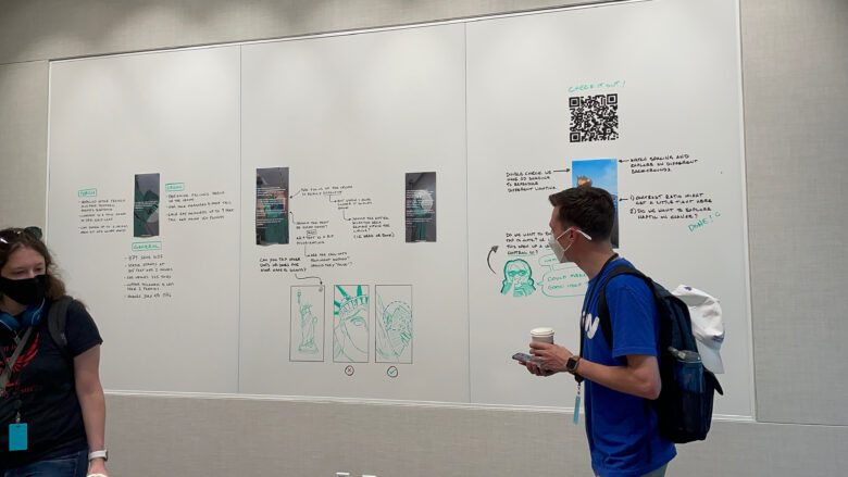 In the AR testing room, Apple presented sketches and concepts of an app that offers an interactive look inside the Statue of Liberty. These are drawings on a whiteboard.