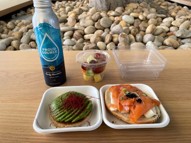 Three of the breakfast items served at Apple Park during WWDC22. The almond butter and avocado toast was a little disappointing, actually. The bread was chewy and the avocado was unseasoned. The smoked salmon and caviar bagel also suffered from chewy bread, but tasted <em>excellent</em>. The fresh fruit was perfectly ripe. I was surprised I could not find a water fountain -- only these disposable water bottles.
