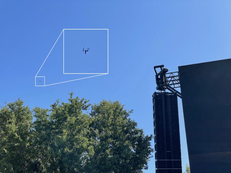 A drone was spotted flying around the stage before the event. Apple had signs outside the campus warning of a no-fly zone, so this drone must have been Apple's.