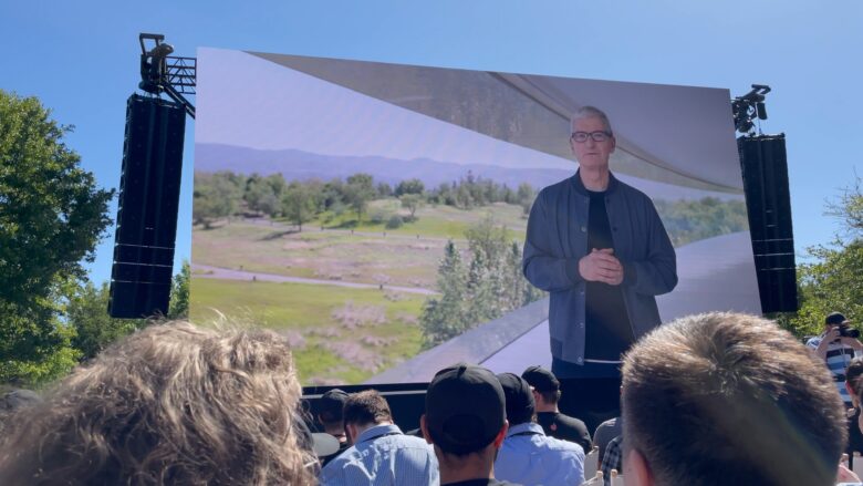 The WWDC22 keynote plays on the main stage for developers and students in attendance. For being shown outside in direct sunlight, the screen was extremely bright and easy to see -- even with my sunglasses on.