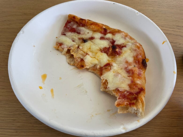 A large square slice of the Romana quattro pizza, pictured here partially consumed. The crust was thin and crispy, the sauce was just a little sweet and the cheese was gooey and melted. Although I have a bias against West Coast Italian food, I must acknowledge the high quality of this American-style pizza.