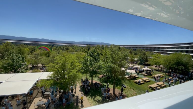 View overlooking the north side of the gigantic Apple Park courtyard.