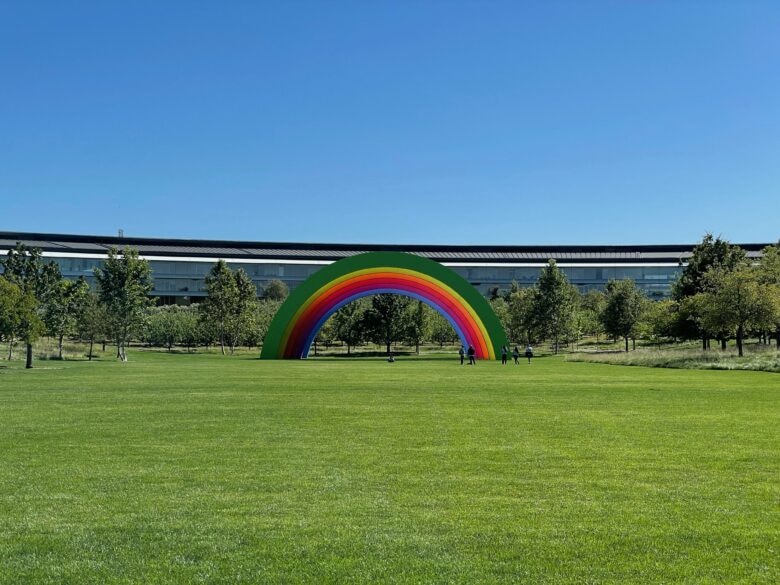 The Rainbow Stage, not included in the original Apple Park design, is now an iconic element of the courtyard. It was constructed for a Lady Gaga concert and has never been taken down.