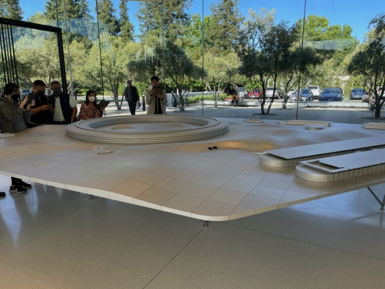 All of the buildings on the main Apple Park campus are modeled.