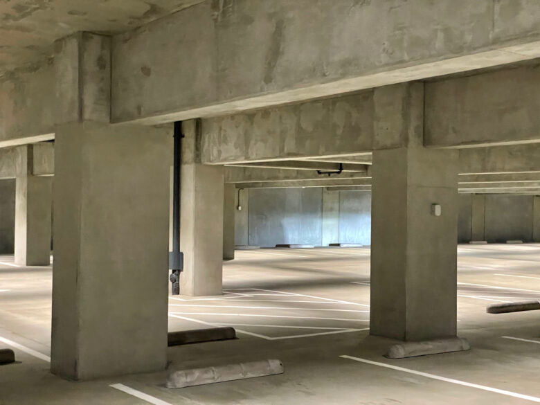 The parking garage underneath the Apple Park campus looks unremarkable.