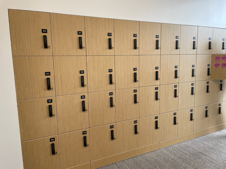 Lockers in the halls offer visiting developers a place to lock their belongings.