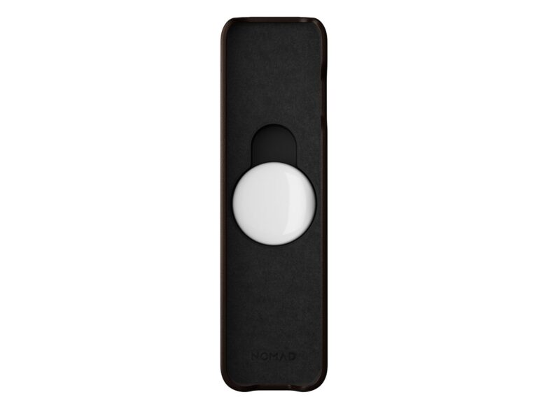 Nomad leather Siri Remote cover: The AirTag slides into a little slot on the back of the cover. 