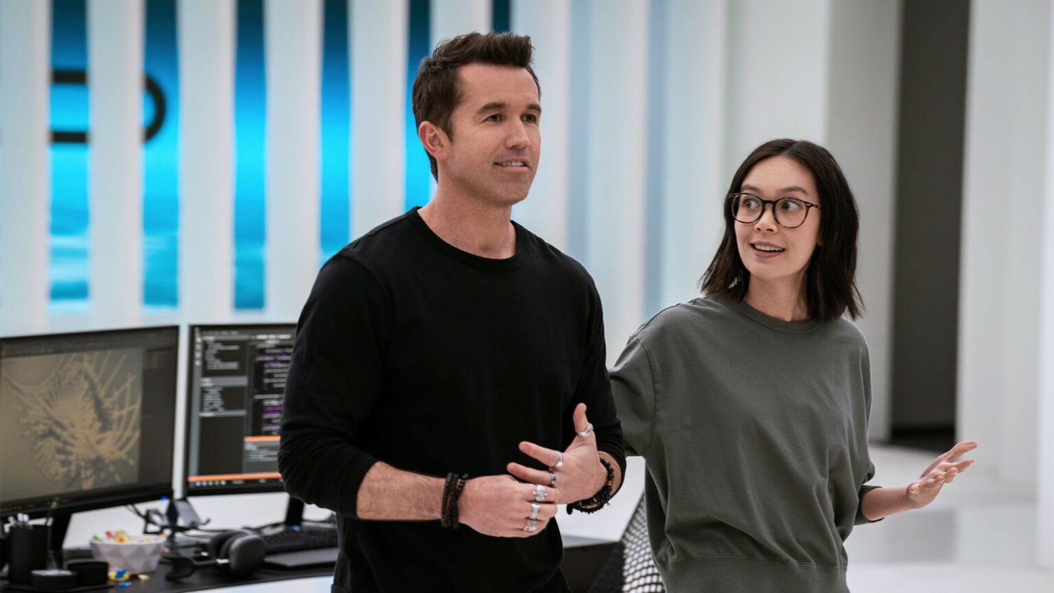 Rob McElhenney and Charlotte Nicdao in “Mythic Quest” season three, premiering fall 2022 on Apple TV+.