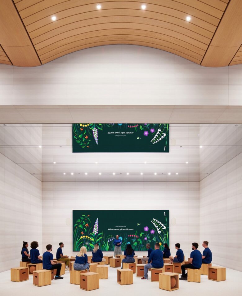 In the store’s Forum, where free Today at Apple sessions take place, a mirrored ceiling offers depth-enhancing reflections.