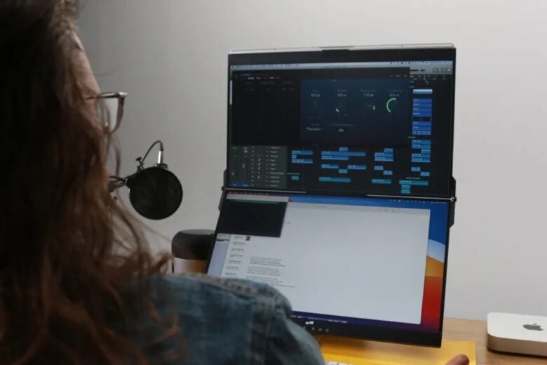 It's two stacked, adjustable 24-inch screens.