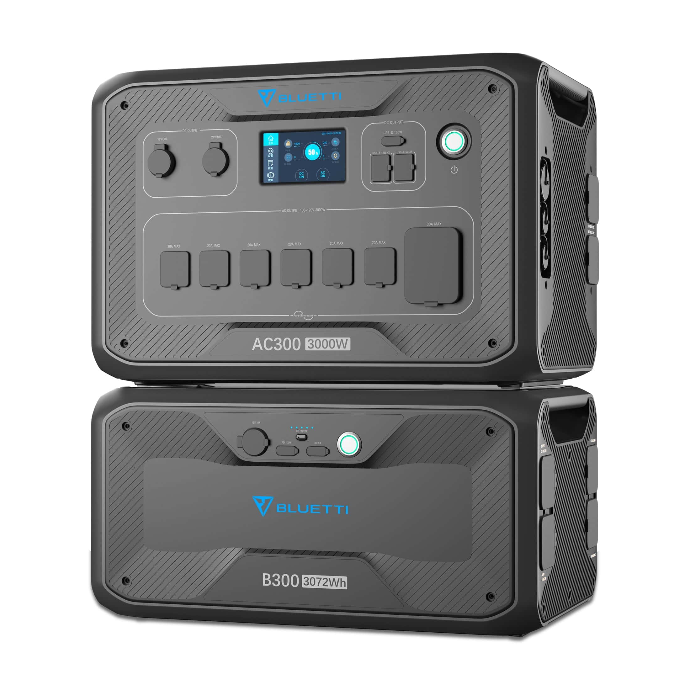 Bluetti's AC300 Power Station can be paired with up to four battery modules, providing whole-home power backup for days.