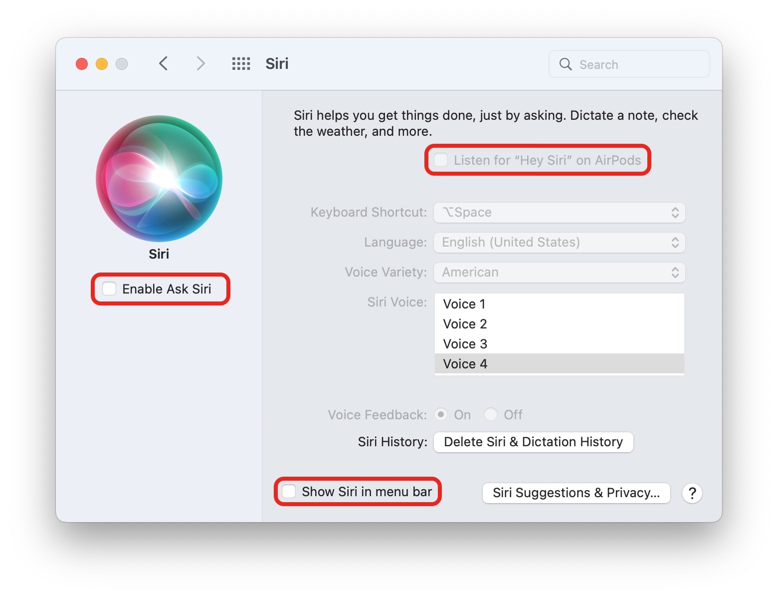 Turn off Siri settings in macOS.