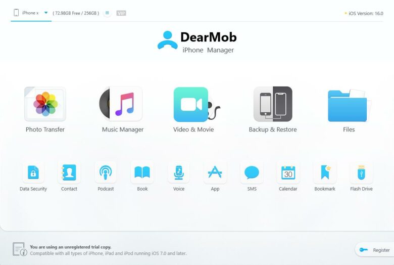 Screenshot showing the dashboard of Digiarty Software' DearMob iPhone management software