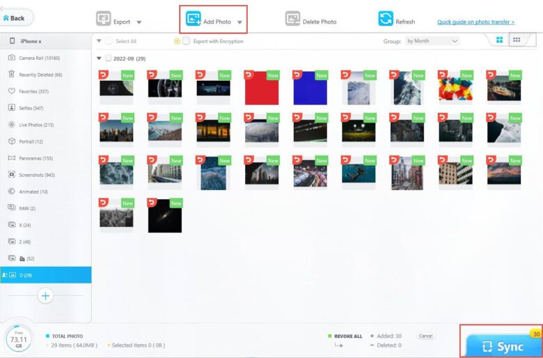 Screenshot showing photos to be transferred in Digiarty Software' DearMob iPhone management software