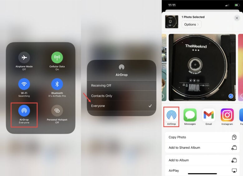 A series of screenshots showing how to transfer files using AirDrop