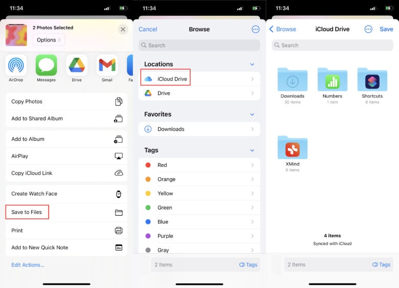Series of screenshots showing how to transfer files using iCloud Drive