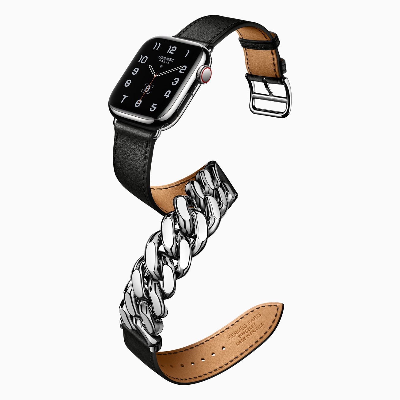 The new Apple Watch Hermès Gourmette Metal band is a stainless steel chain with a noir leather strap that wraps twice around the wrist.