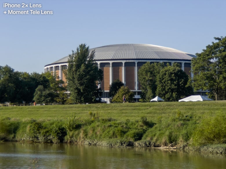 The Ohio University Convocation Center, as seen from across the Hocking River. (iPhone 2× Lens + Moment Tele Lens)