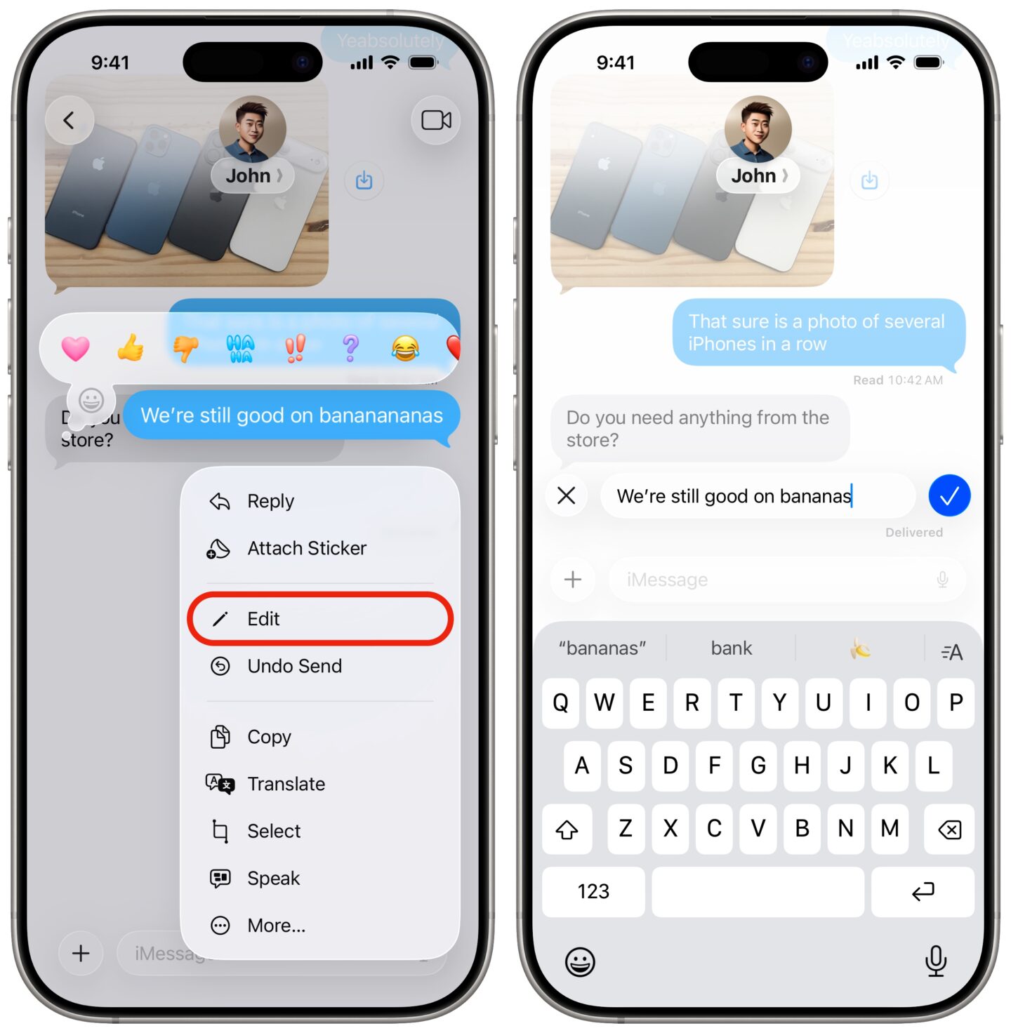 Screenshots show how to edit iMessage texts on iPhone