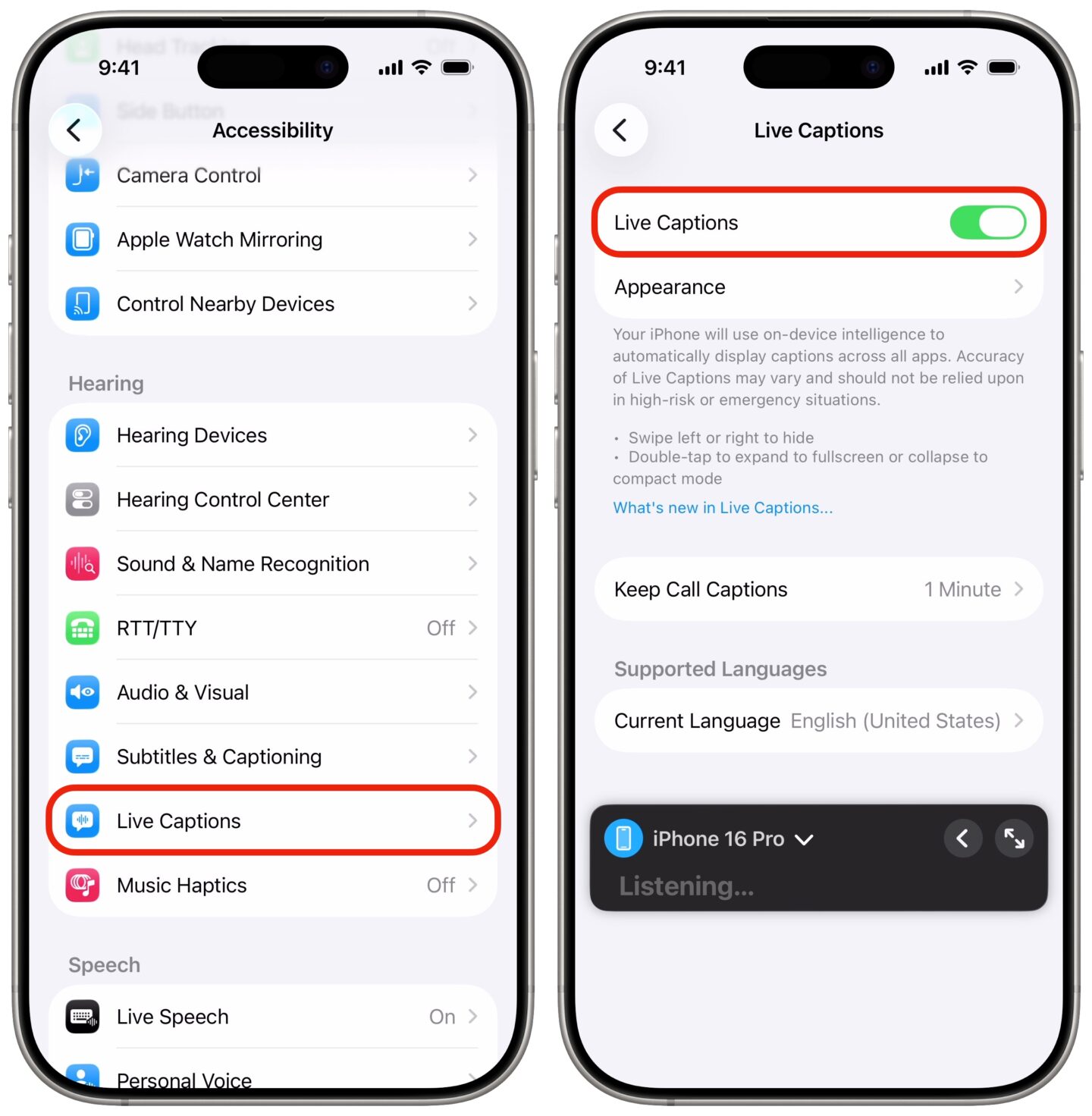 Enabling Live Captions in Accessibility Settings on iPhone