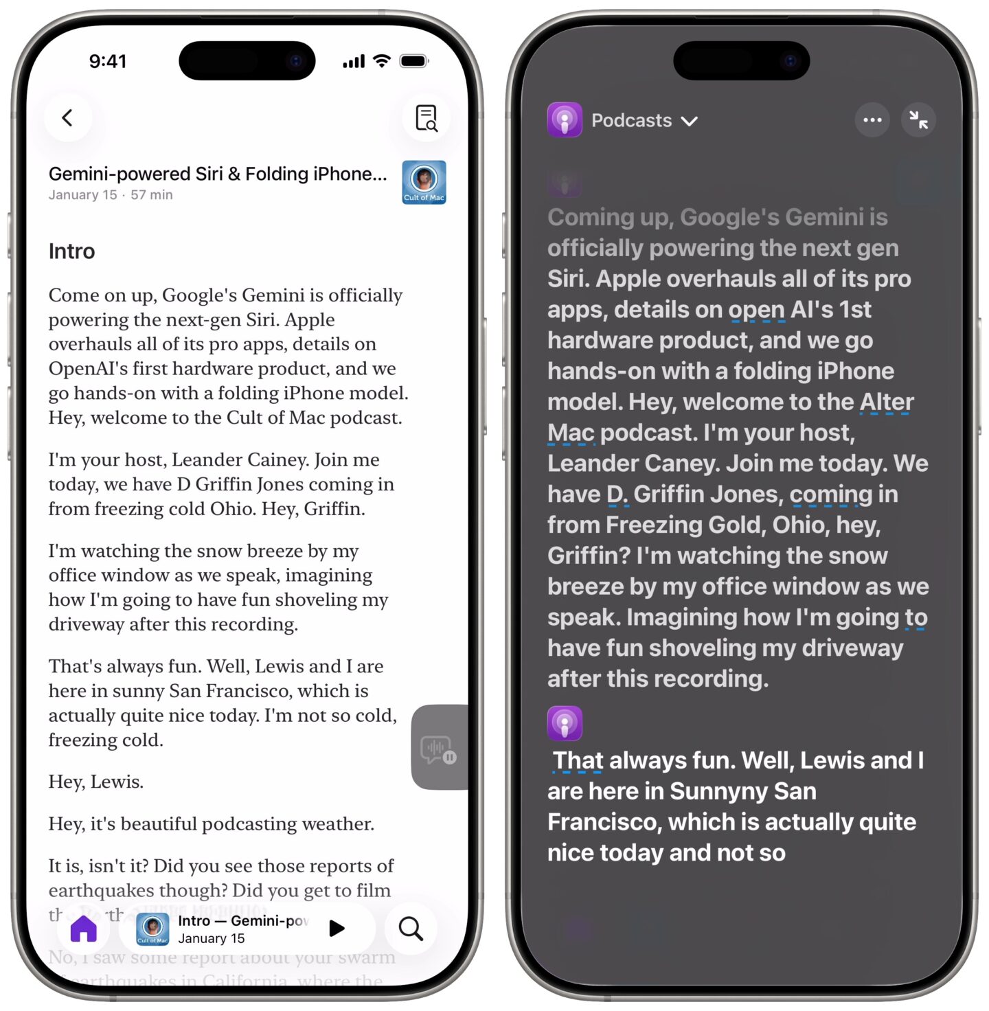 Comparing Apple&rsquo;s podcast transcript with Live Captions of the same section