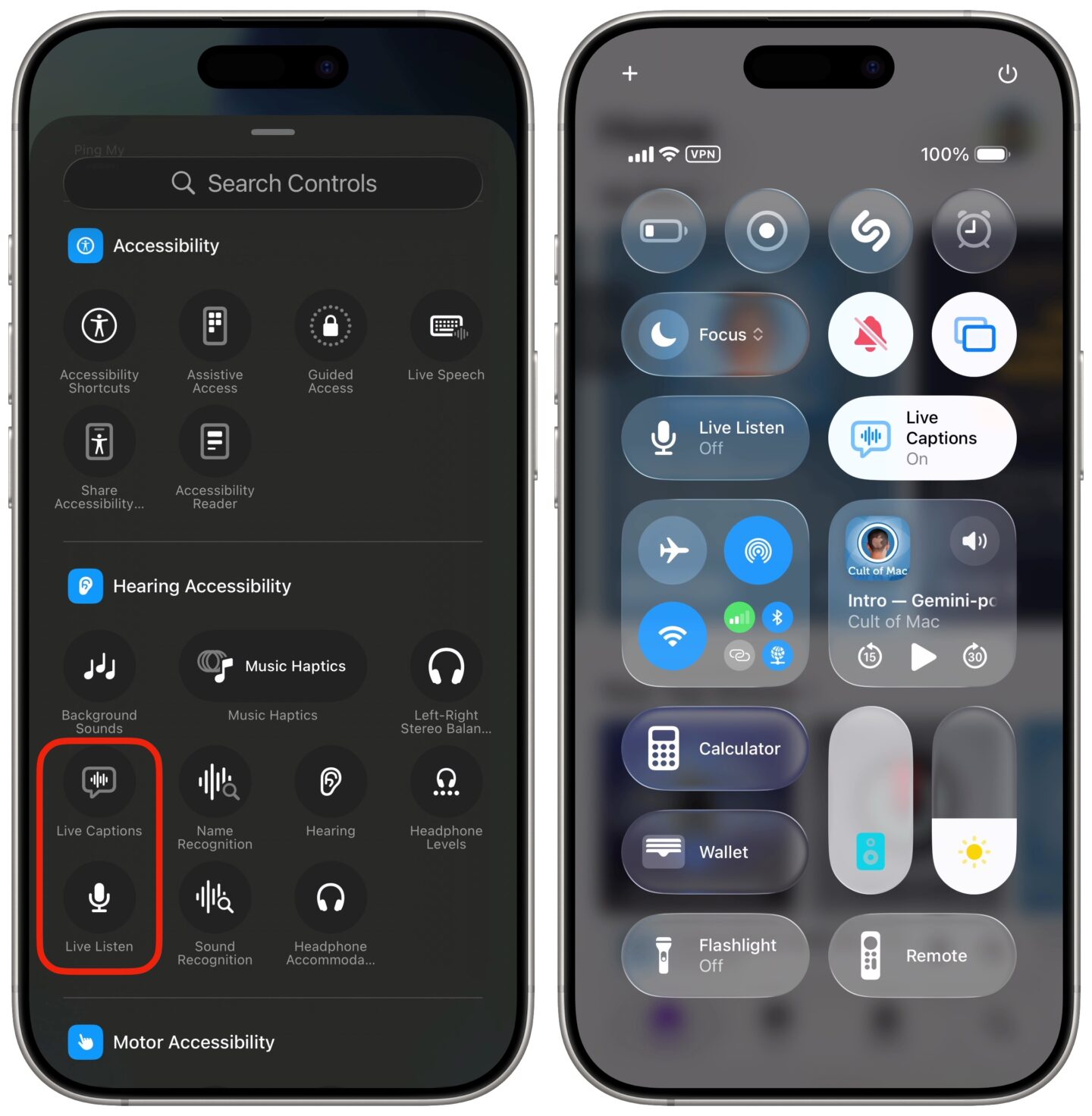 Adding buttons for Live Listen and Live Captions to Control Center on iPhone