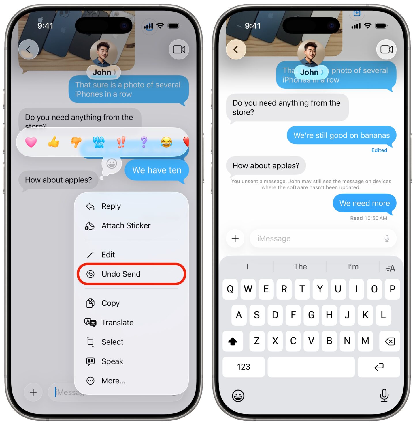 Screenshots showing how to unsend iMessages on iPhone