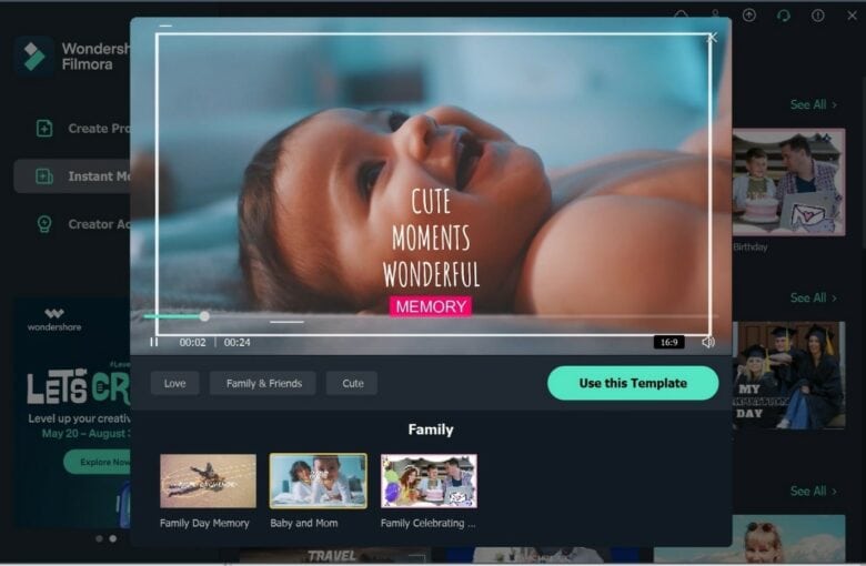 Wondershare Filmora's Instant Mode lets you instantly generate polished videos.