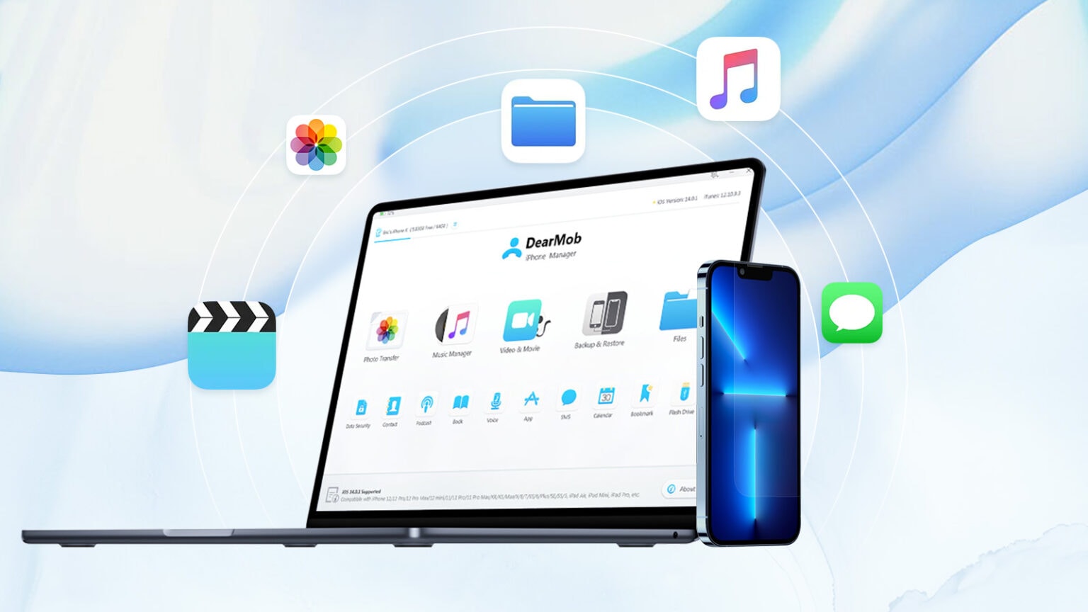 A Mac and an iPhone with icons floating about