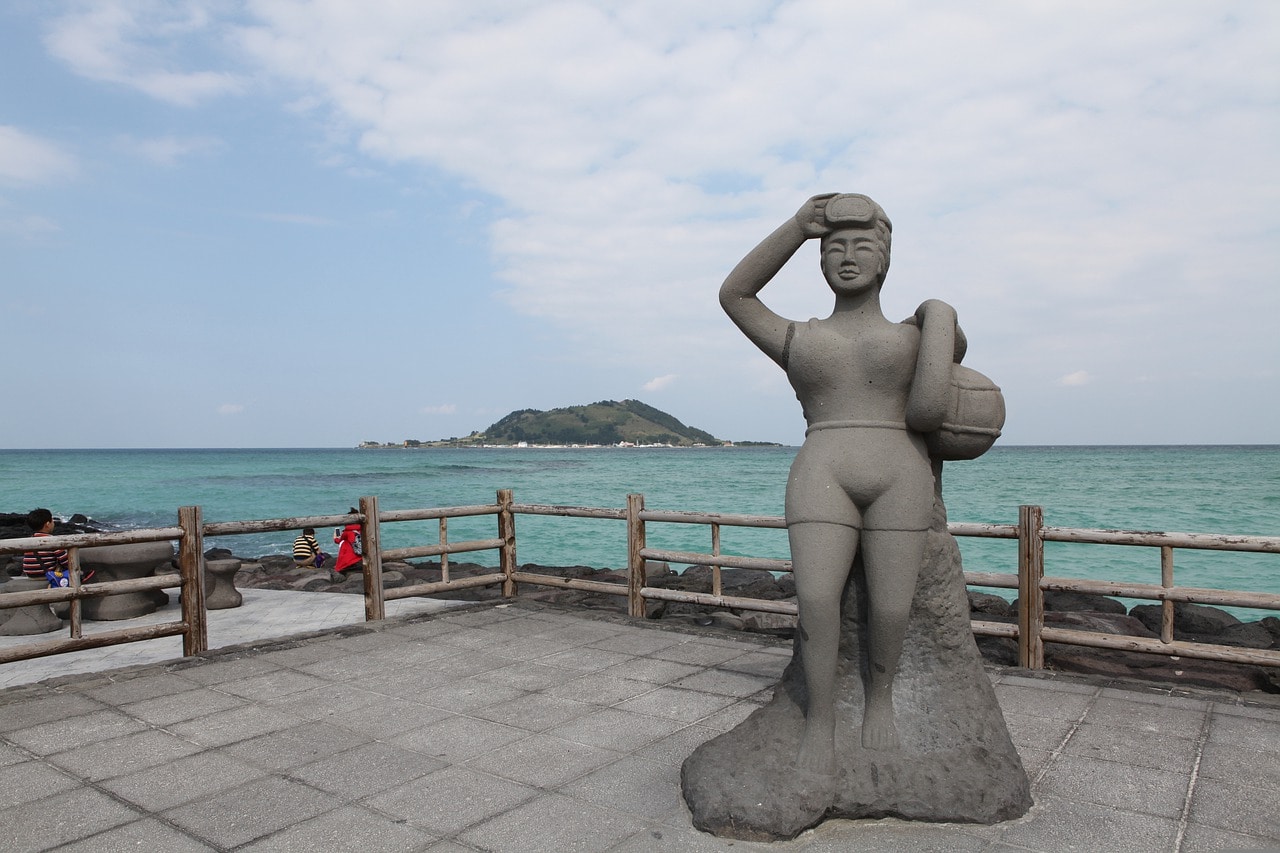 A commemoration of the haenyeo stands on Jeju Island.