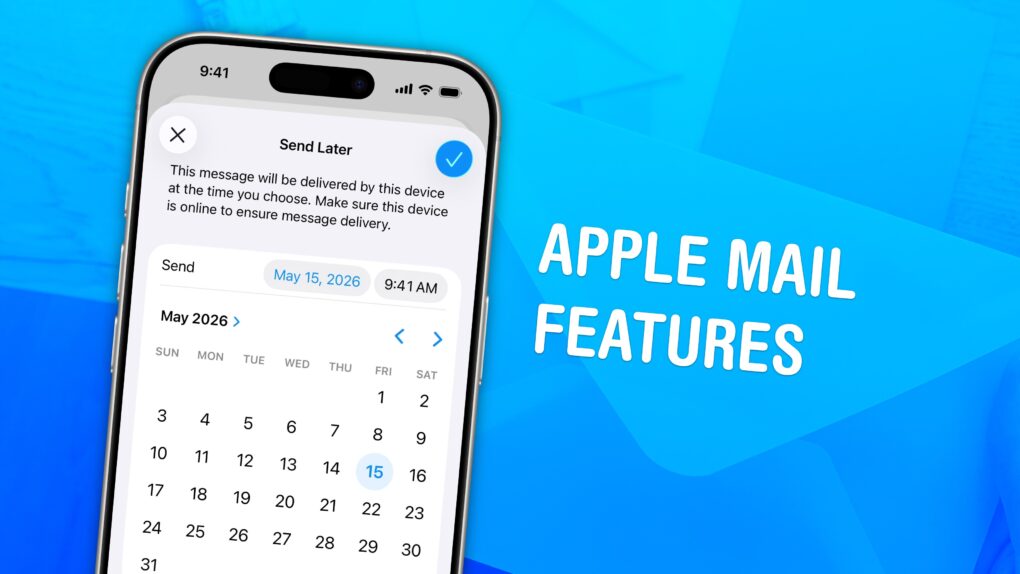 Apple Mail Features graphic, showing Send Later with a photo of a pile of mail