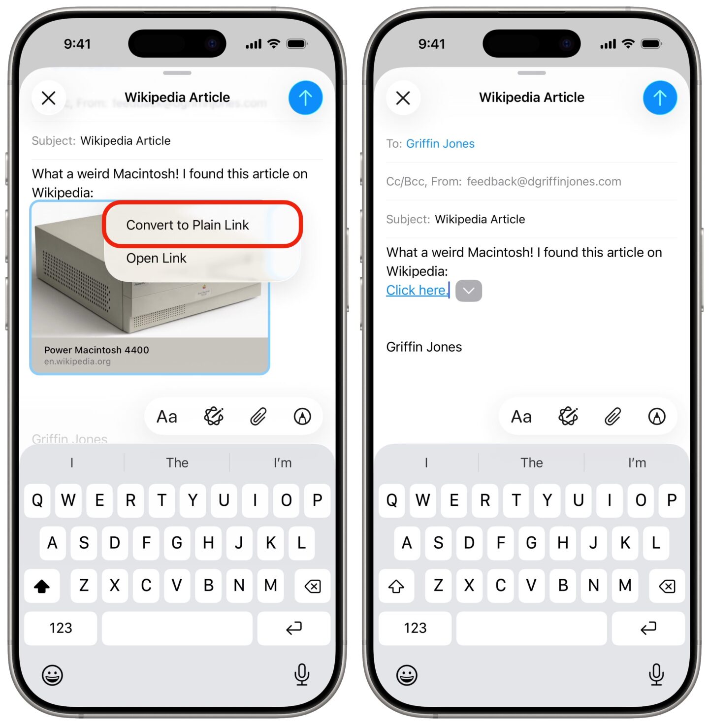 Converting a rich link into a plain link