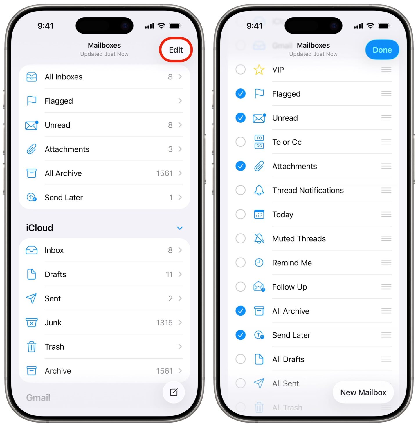 Editing the list of visible mailboxes
