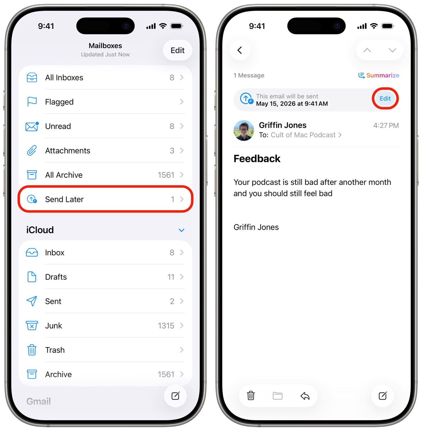 Editing the scheduled date of an email set to send later