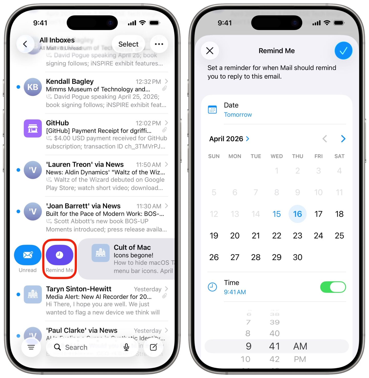 Tapping &ldquo;Remind Me&rdquo; on an email.