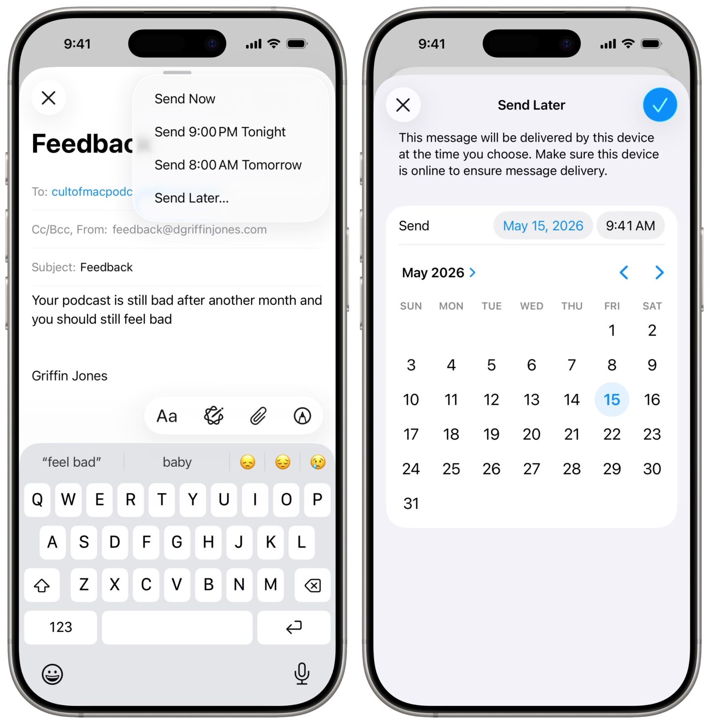 Setting an email to send later